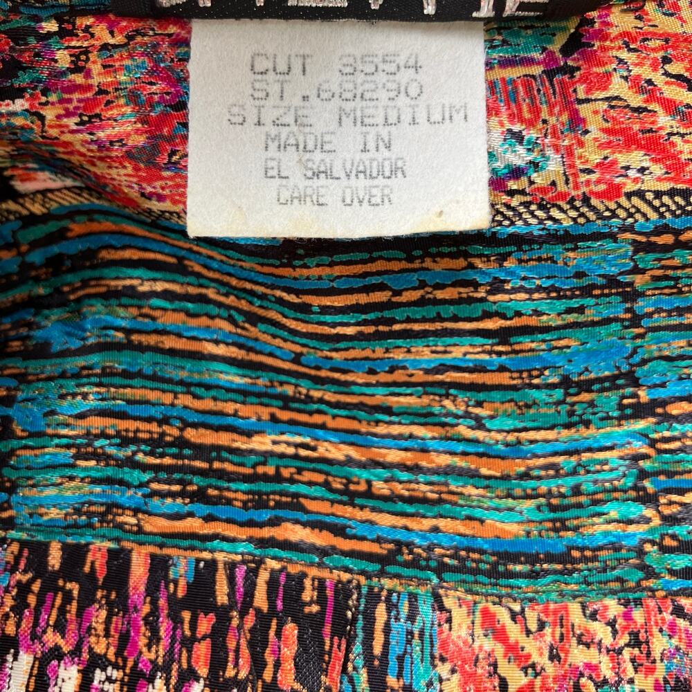 VTG Artsy Patchwork Multi-Print Blouse Sz Md Colorful Tie Front Button Down Top - Picture 11 of 13